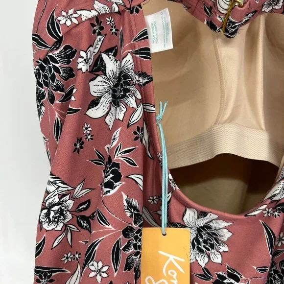 Kona Sol Swimsuit One Piece Pink Floral Print V Neck Side Cinch - Picture 9 of 12